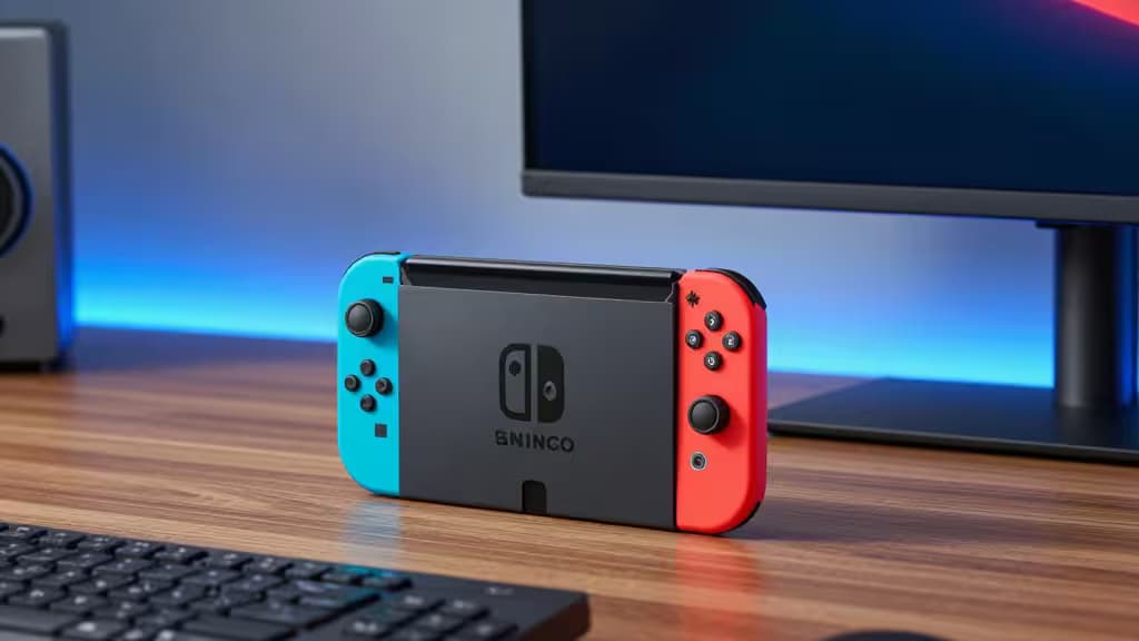 Nintendo Switch con Joy-Con blu e rossi appoggiata su un tavolo di legno accanto a un monitor portatile, illuminazione neon
