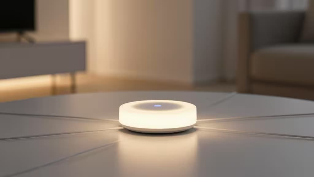 Hub domotique central Matter avec réseau Thread maillé dans un intérieur moderne