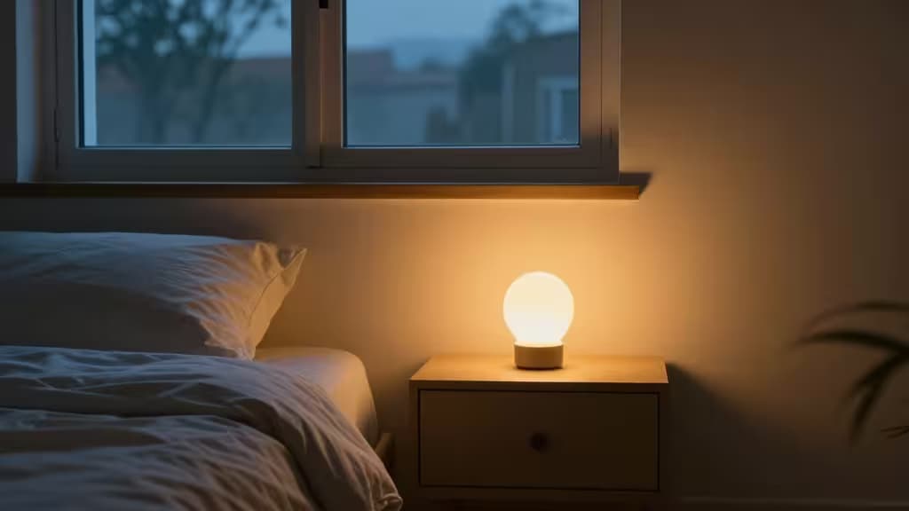 A glowing smart bulb on a wooden nightstand casts warm light beside a bed.