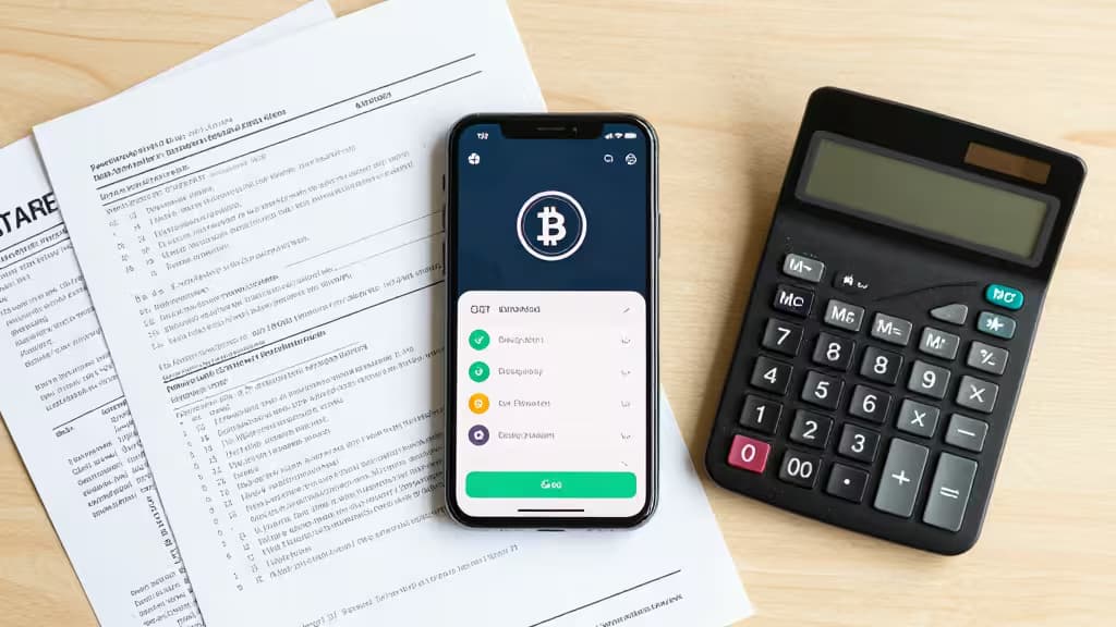 Smartphone displaying crypto app, calculator, and Polish tax documents on wooden surface.