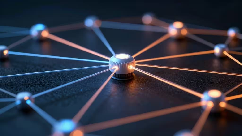 A glowing Thread Border Router connects multiple smart home devices via fiber-optic lines on a dark surface.