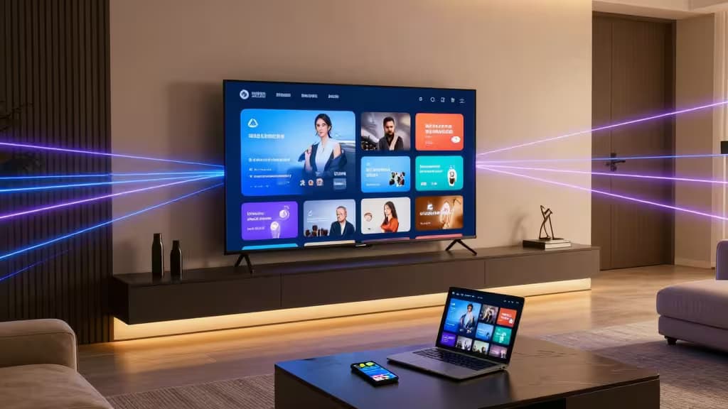 Smart TV and laptop display streaming interfaces with glowing connection lines, symbolizing global VPN access.