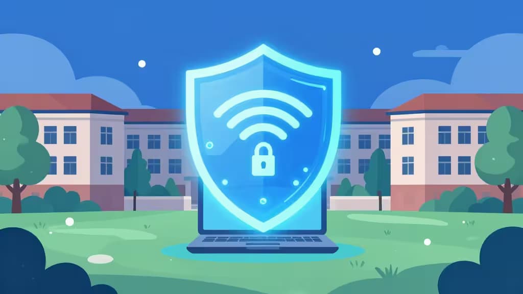 Abstracte illustratie van een digitale schild die een laptop beschermt op een campus-Wi-Fi netwerk, in blauwe en groene tinten.