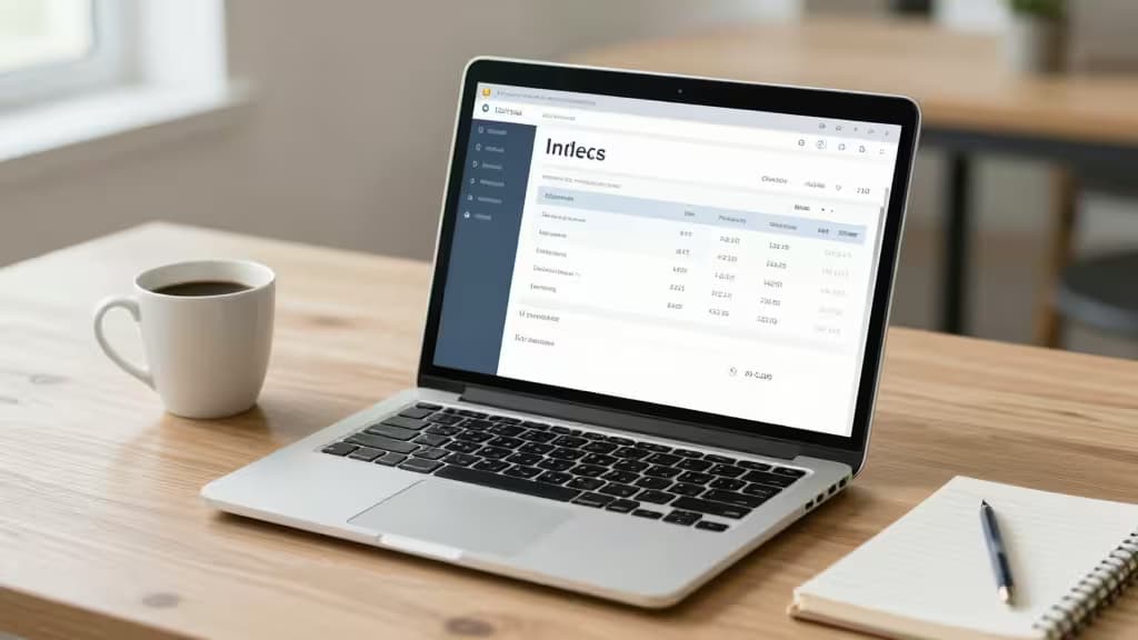 Laptop displays invoicing software interface with coffee cup and notebook on wooden desk.