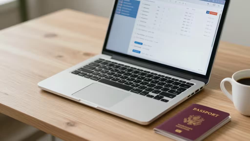 Silver laptop displays banking interface beside maroon passport and coffee cup on wooden desk.