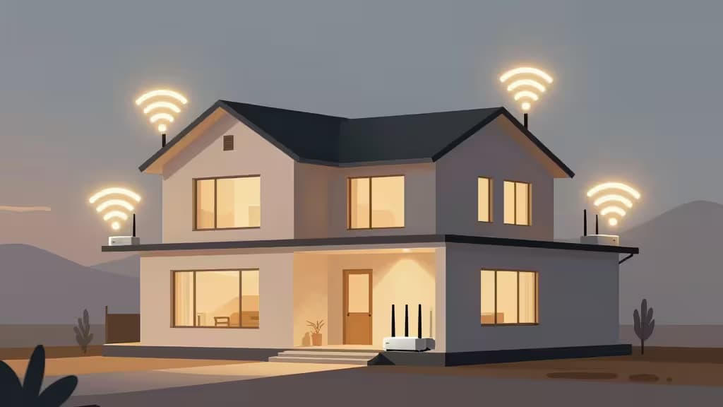 Świecące ikony WiFi unoszą się nad nowoczesnym domem piętrowym, ilustrując płynne pokrycie sieci mesh w całej rozległej strukturze budynku.