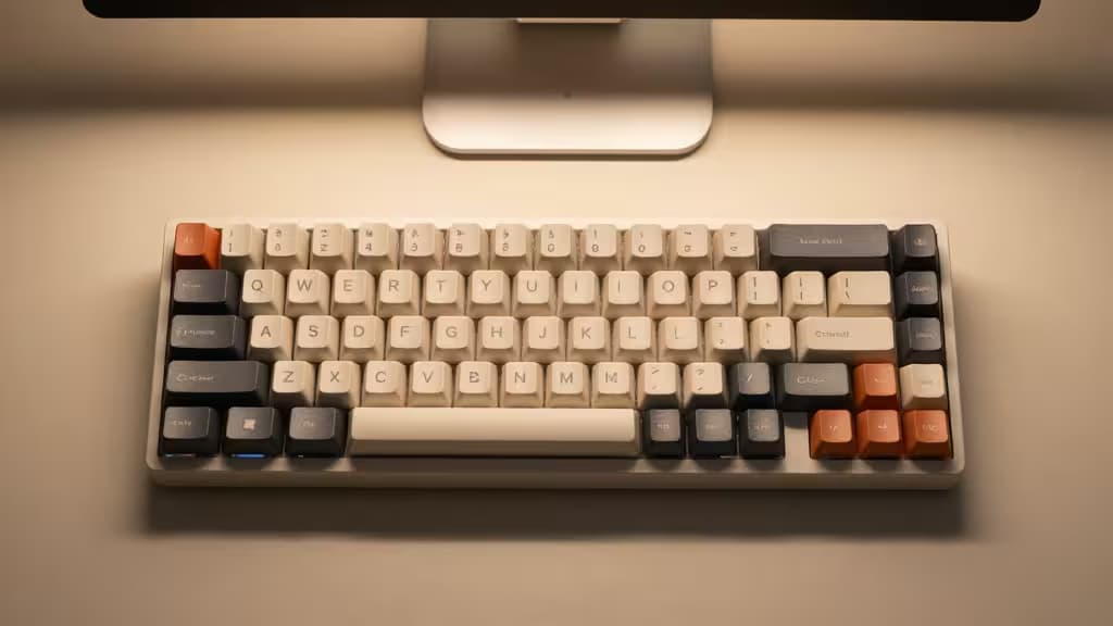 Compact mechanical keyboard with Alice layout, V-shaped keys, and minimalist design sits on a clean desk.