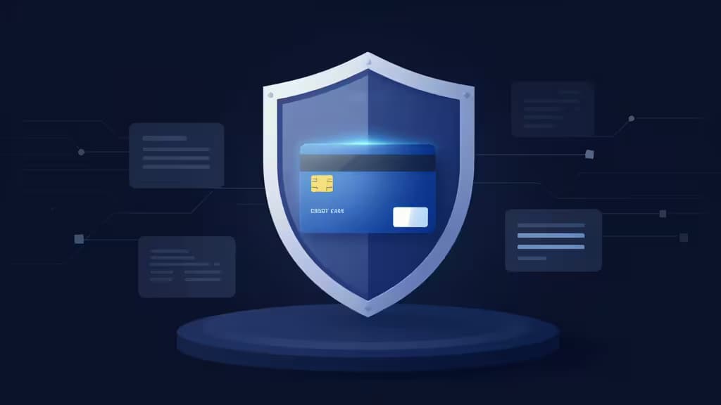 Glossy blue shield protects a credit card on a dark digital platform.