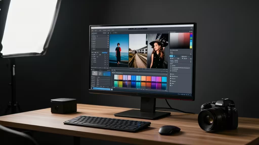 Un escritorio de madera con un monitor que muestra software de edición fotográfica con IA, flanqueado por una cámara DSLR, teclado, ratón y una luz softbox contra un fondo oscuro.