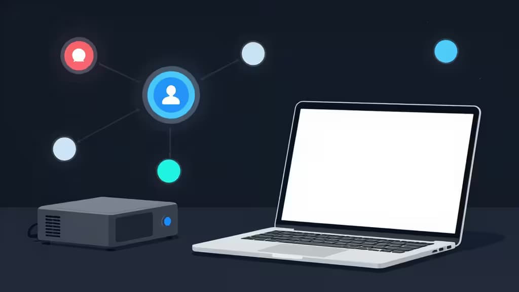 Laptop e NAS collegati tramite icone di rete VPN su sfondo scuro.