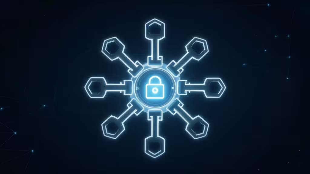 Conceito abstrato de cofre digital com chaves geométricas interligadas em torno de um núcleo seguro, com linhas de rede blockchain em fundo azul-escuro