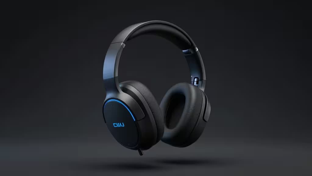 Casco gaming inalámbrico en negro mate con acentos LED azules flotando sobre fondo oscuro.