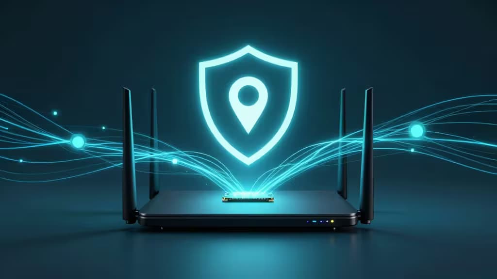Un router nero con quattro antenne proietta un'icona di scudo blu luminoso, simboleggiando la protezione sicura della rete domestica tramite soluzioni VPN self-hosted.