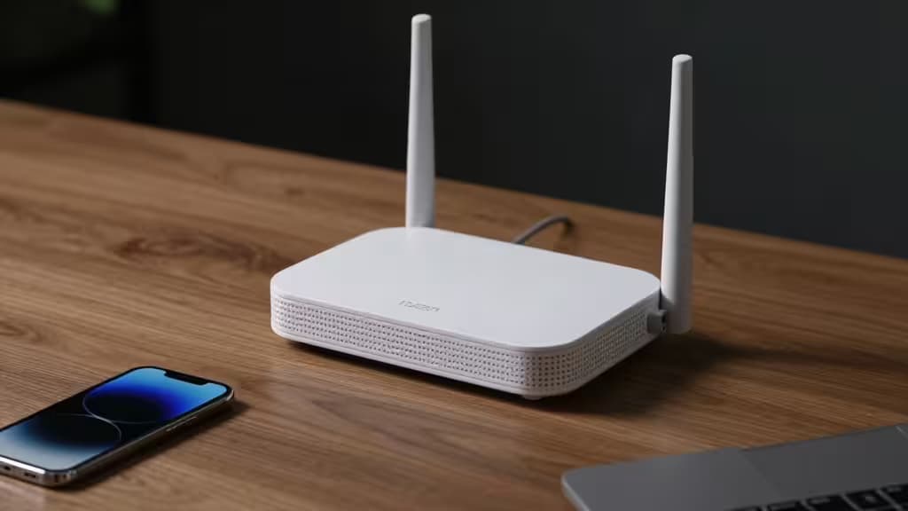 Un routeur blanc avec deux antennes posé sur un bureau en bois à côté d'un smartphone et d'un ordinateur portable.