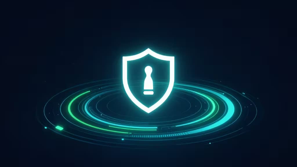 A glowing shield icon with a keyhole symbol hovers above concentric digital rings, representing secure software-based VPN router protection for home networks.