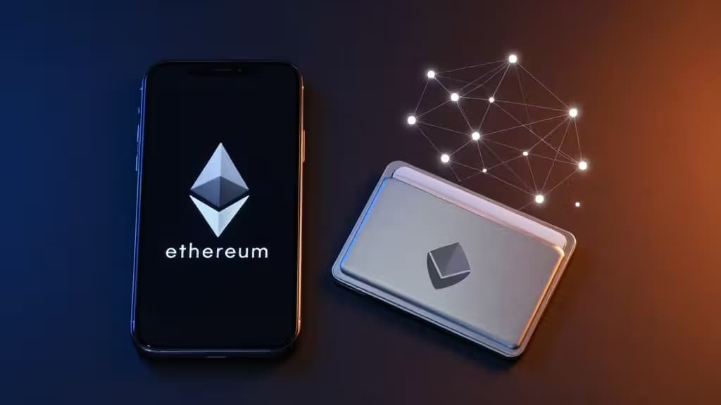 Smartphone und Wallet zeigen Ethereum-Logo, symbolisieren sichere DeFi-Verbindungen für 2024.
