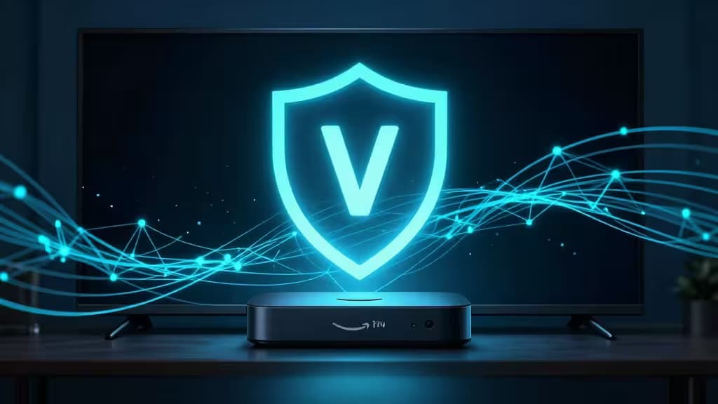Un bouclier VPN bleu lumineux flotte au-dessus d'un Amazon Fire TV Stick, symbolisant le streaming sécurisé sur un écran de télévision sombre.