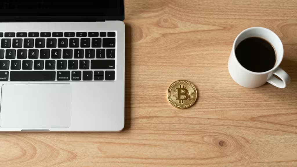 Laptop, moneda de Bitcoin y taza de café sobre escritorio de madera que simboliza el pago de nómina cripto para equipos remotos.