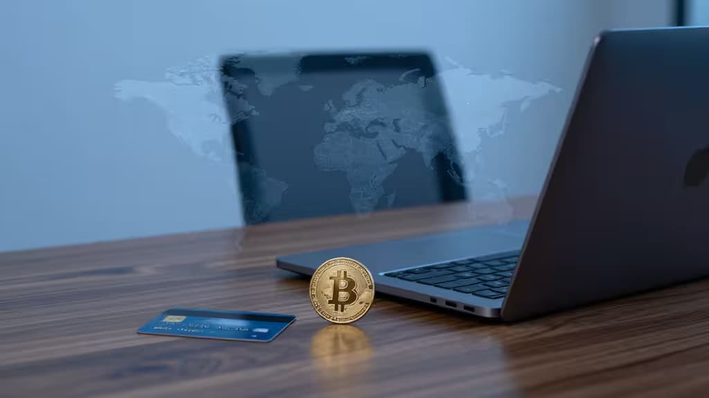 Laptop, Bitcoin coin, and credit card on wooden desk with world map backdrop.