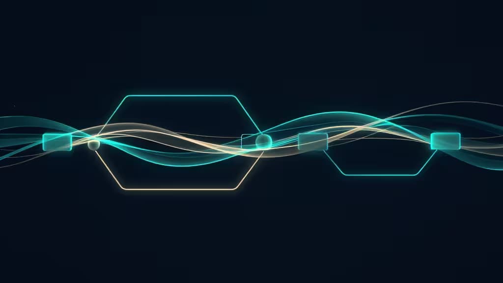 Glowing cyan hexagons and spheres connect via flowing light streams, visualizing data pipeline DAGs against a dark background.
