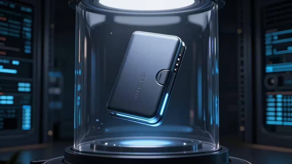 Un portefeuille hardware métallique flotte à l'intérieur d'un cylindre en verre lumineux, entouré de baies de serveurs dans un data center obscur.