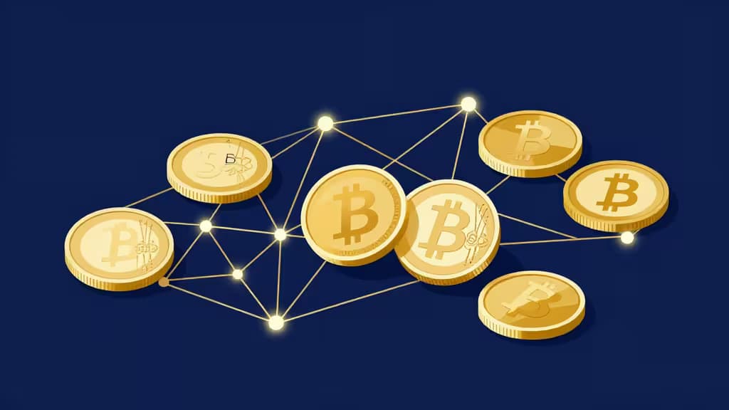 Monete Bitcoin dorate collegate da linee di rete luminose simboleggiano il trading crypto regolamentato e sicuro per i residenti tedeschi nel 2026.
