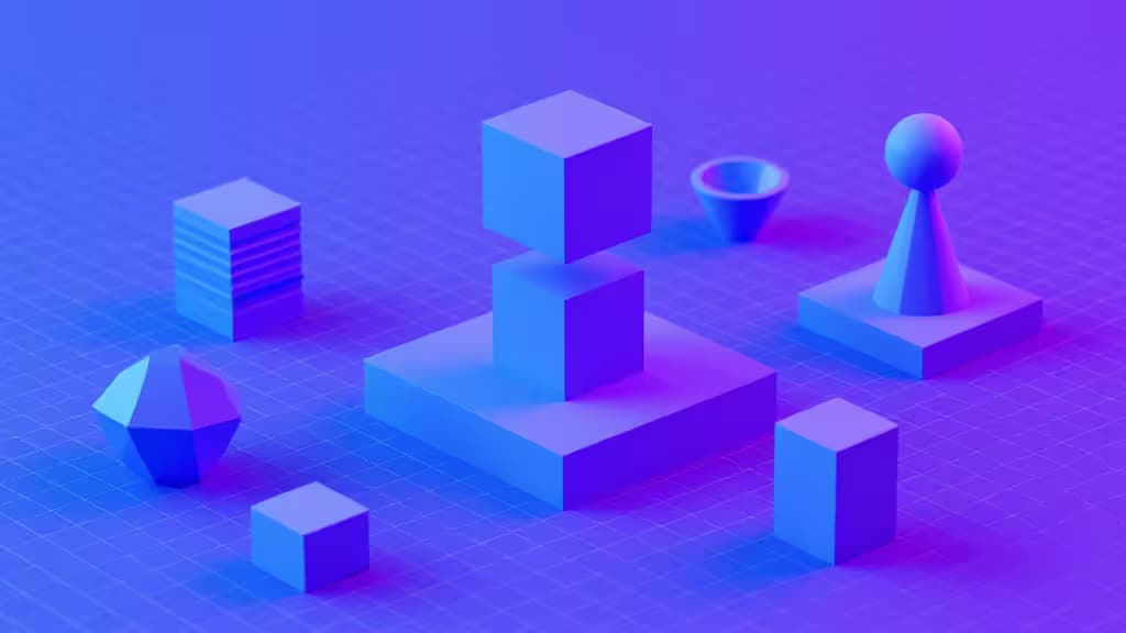 Vibrant 3D shapes and game assets emerge from a glowing wireframe grid.