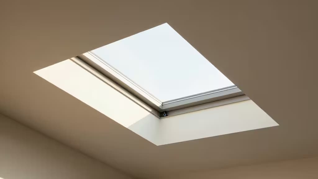 Persiana inteligente blanca instalada en claraboya de techo, optimizando la luz natural en espacios domésticos modernos.
