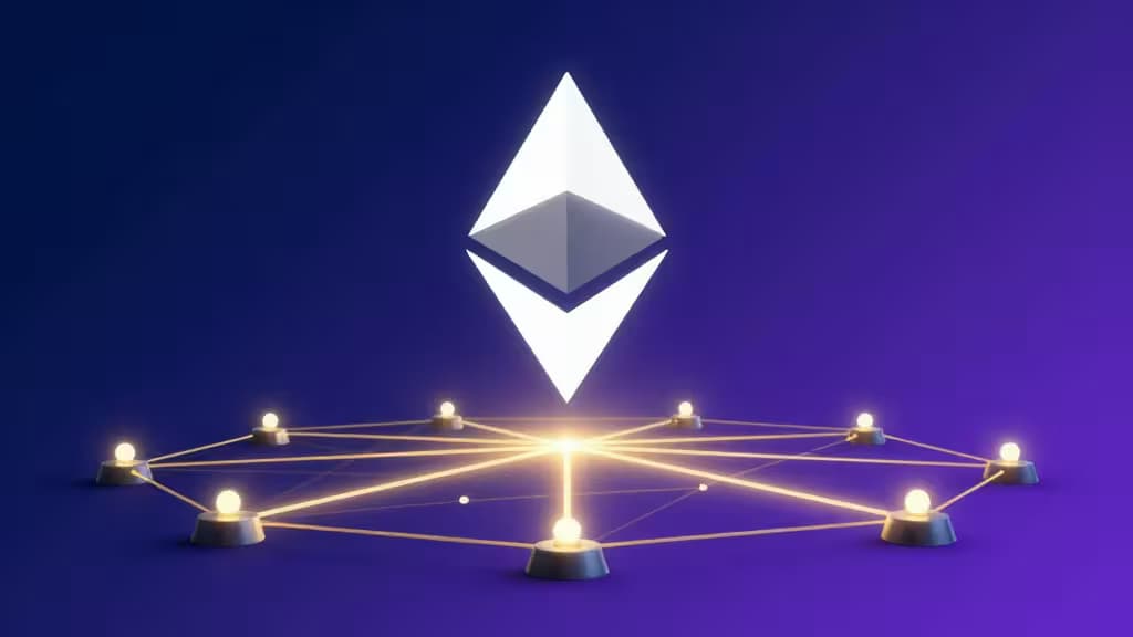 Świecące logo Ethereum unosi się nad połączonymi węzłami na fioletowym gradiencie.