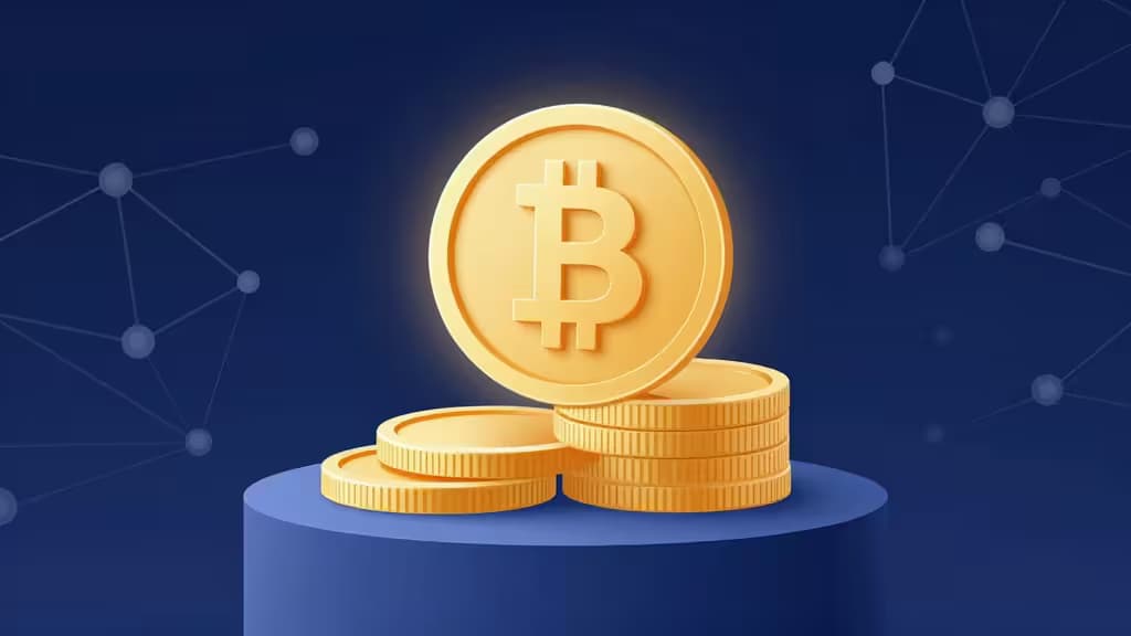 Ilustração abstrata de moedas digitais empilhadas com nós de rede blockchain ao fundo, em tons de azul e dourado.