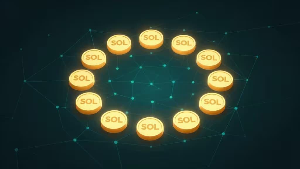 Glowing golden SOL coins form a circular network on a dark teal background, symbolizing secure staking platforms and liquid assets in 2026.