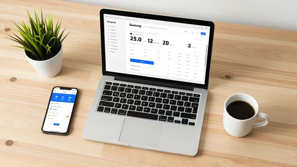 ノートパソコンに貯蓄ダッシュボードが表示され、コーヒーカップとスマートフォンが木製デスクに置かれている様子