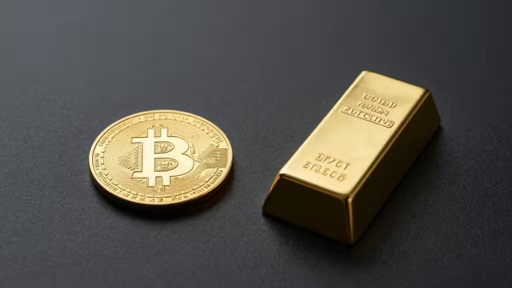 A physical Bitcoin coin and a gold bar rest on a dark surface, symbolizing crypto and gold investments.
