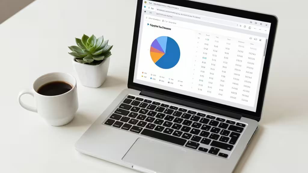 Laptop displays colorful pie chart and data table, beside coffee cup and succulent on white desk.