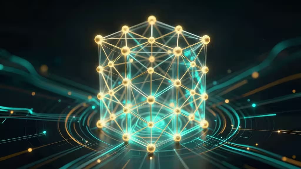Glowing golden node cube floats above teal circuit lines, symbolizing secure DeFi yield farming infrastructure.