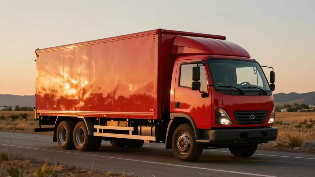 Camión de carga rojo en una carretera abierta al atardecer, representando el transporte por carretera y los gastos operativos del sector.