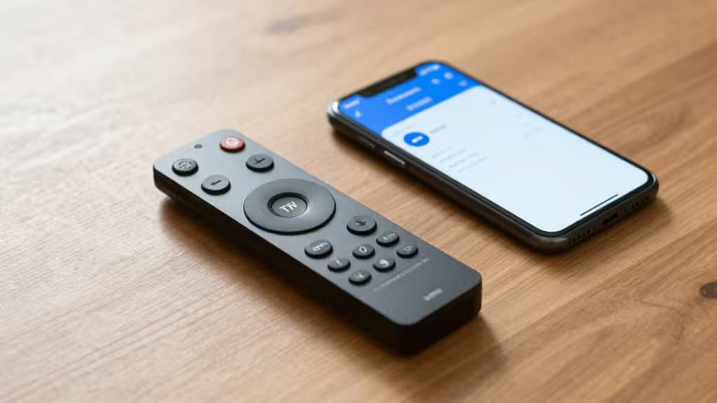 Чёрный пульт и смартфон на деревянной поверхности — настройка Chromecast для стриминга через VPN