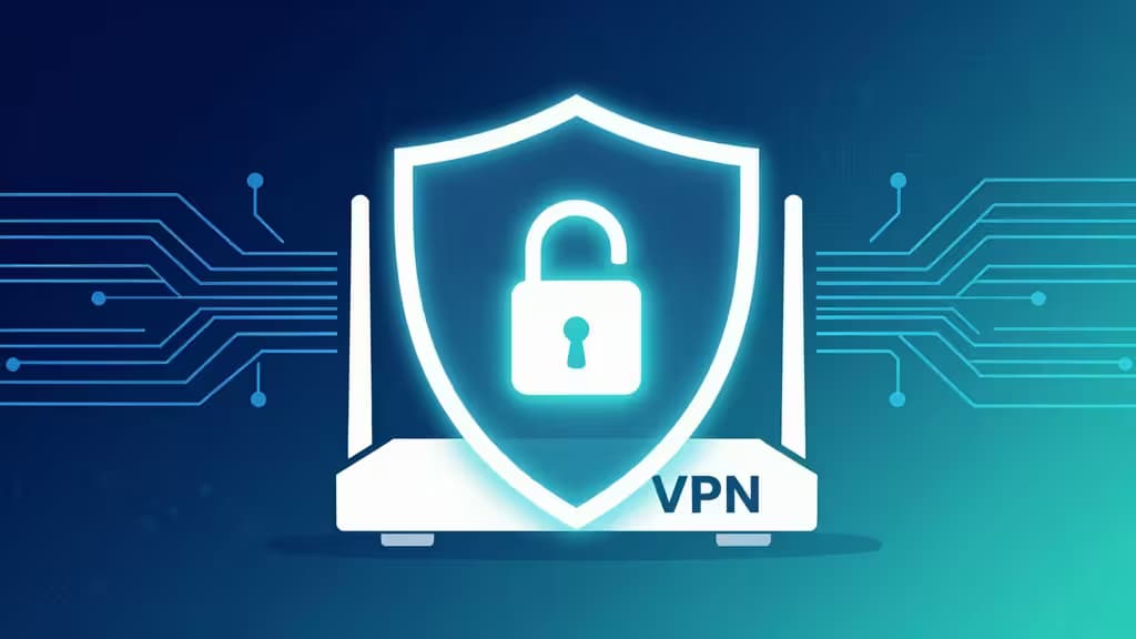 A glowing padlock inside a shield hovers above a white VPN router, flanked by circuit lines on a blue-teal gradient background.