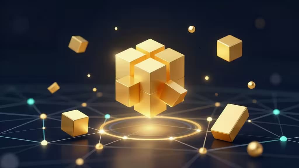 Golden cubes and bars float above a glowing blockchain network, symbolizing tokenized real-world assets like treasuries and real estate in 2026.