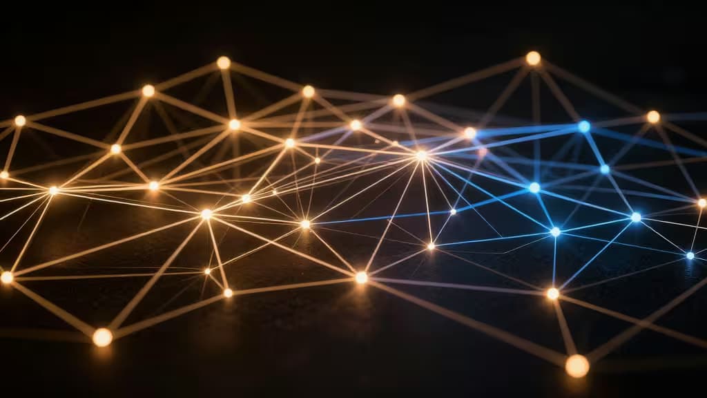 Glowing amber and blue nodes connect via luminous threads, forming a self-healing mesh network for Matter smart homes.