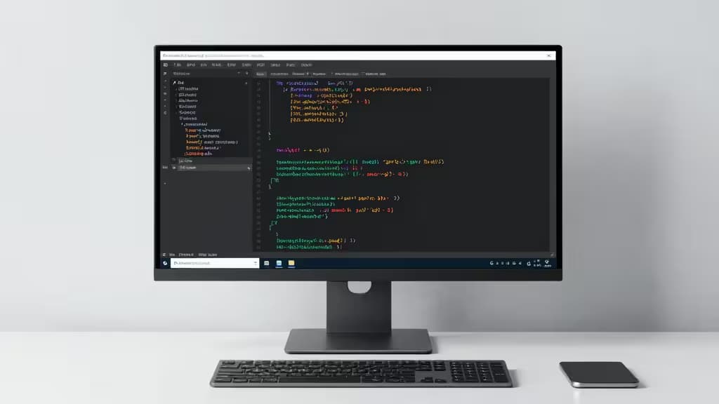 A sleek monitor displays TypeScript code with coverage metrics, flanked by keyboard and phone on minimalist desk.