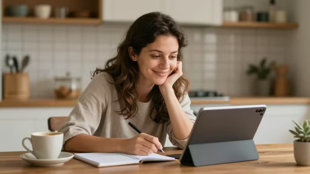 Mãe solteira sorrindo enquanto organiza contas em um tablet na mesa da cozinha, ao lado de café e caderno, ambiente acolhedor e iluminado.