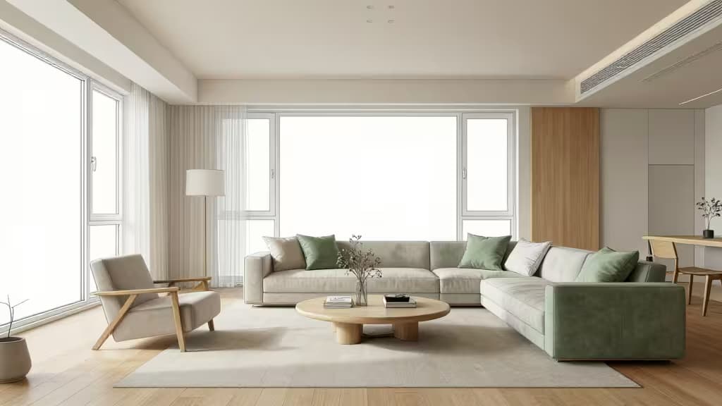 Salotto moderno con divano verde, tavolino in legno e ampie finestre, esempio di spazio ristrutturato con l'AI