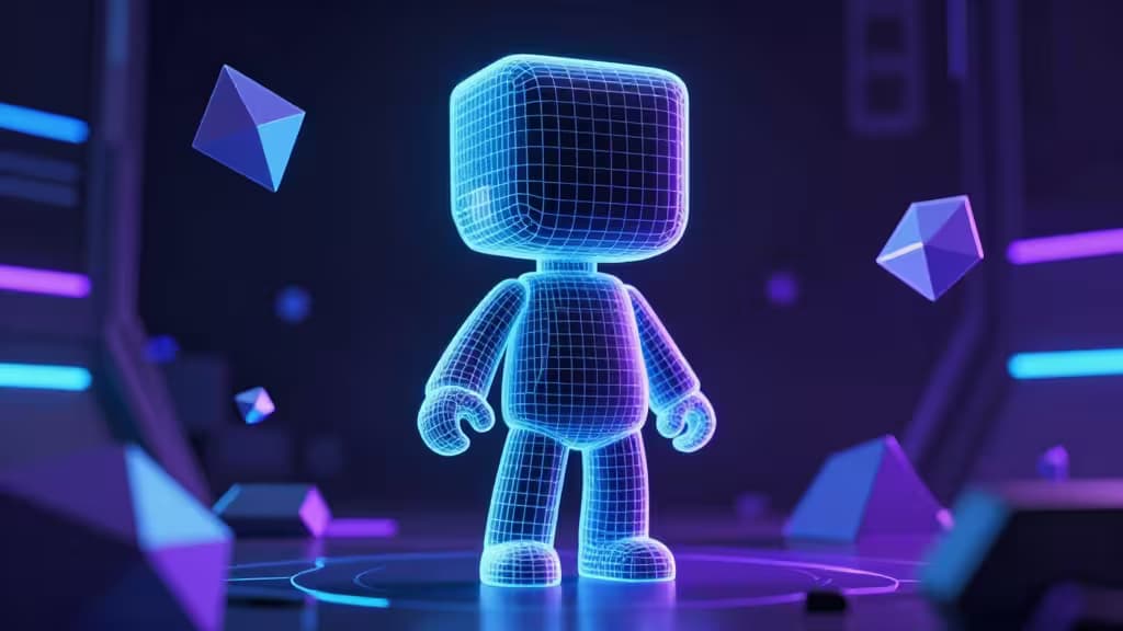 Een gloeiende wireframe-menselijke figuur staat centraal, omringd door zwevende geometrische vormen in een neon-verlichte digitale omgeving.