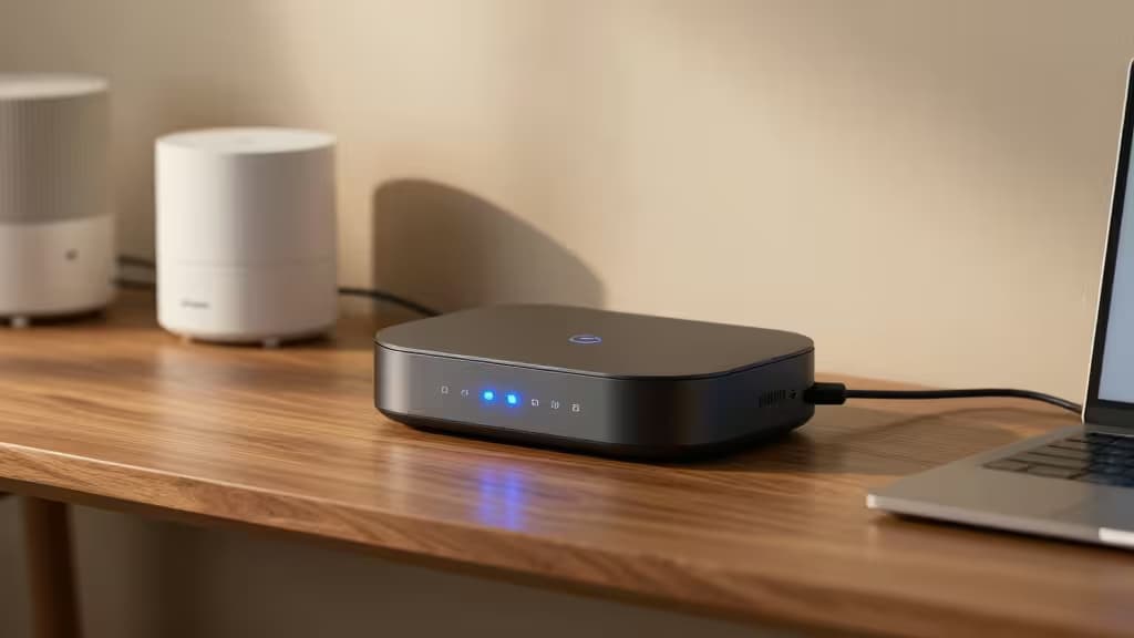 Sleek black Zigbee hub with blue LEDs sits on wooden desk beside laptop and white smart speakers.