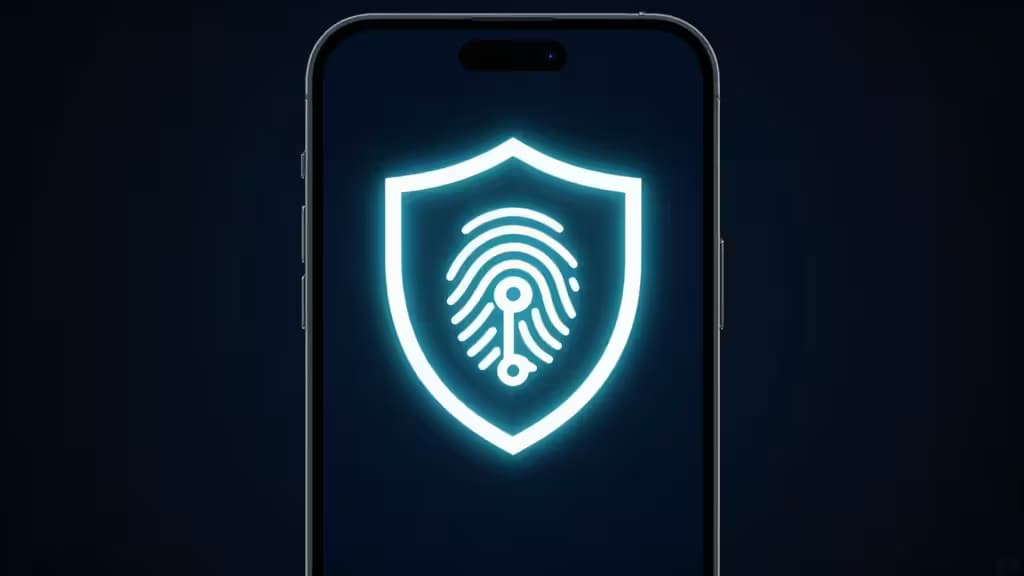 Abstract digital security illustration showing a smartphone with a glowing shield icon, fingerprint, and key motifs on a dark navy background.