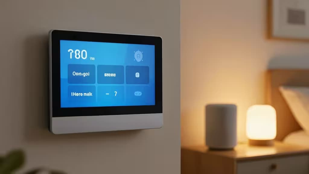Smart display a parete con didascalie accanto a smart speaker illuminato e lampada in soggiorno moderno.