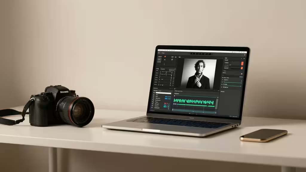 Scrivania da fotografo con macchina fotografica e laptop che mostra un'interfaccia di editing AI, illuminazione studio morbida, tonalità calde minimaliste