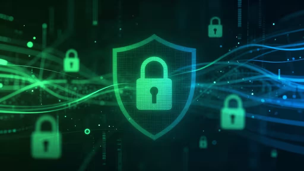 Fondo abstracto digital oscuro con flujos de datos verdes y azules, una silueta sutil de escudo y candados flotantes que representan la seguridad de contraseñas y el monitoreo de la dark web.