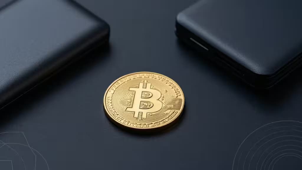 A gold Bitcoin coin rests between two black hardware wallets on a dark surface, symbolizing self-custody in 2026.